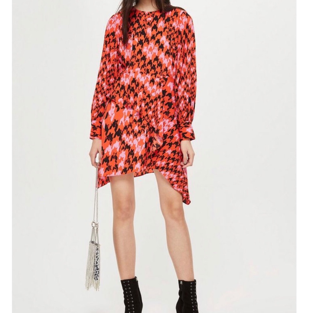 TOPSHOP Houndstooth Asymmetric Long Sleeve Dress size 8